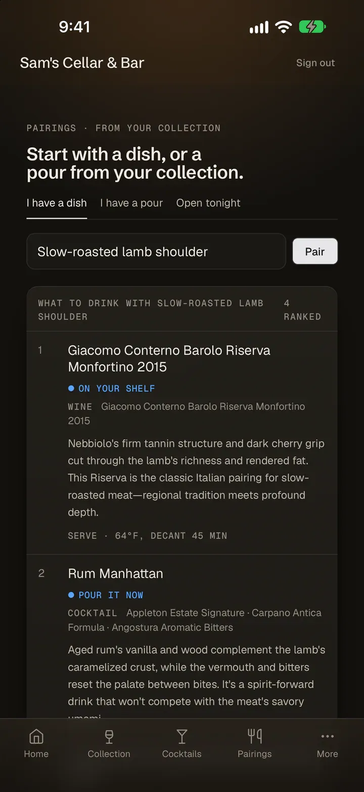 The House Pour pairings screen on an iPhone. Slow-roasted lamb shoulder is typed in the field, and four ranked picks are under it, each with its reason. First is the 2015 Barolo Riserva Monfortino, to serve at 64°F after 45 minutes in a decanter. Second is a Rum Manhattan to pour now, from Appleton Estate Signature, Carpano Antica Formula and Angostura Aromatic Bitters.
