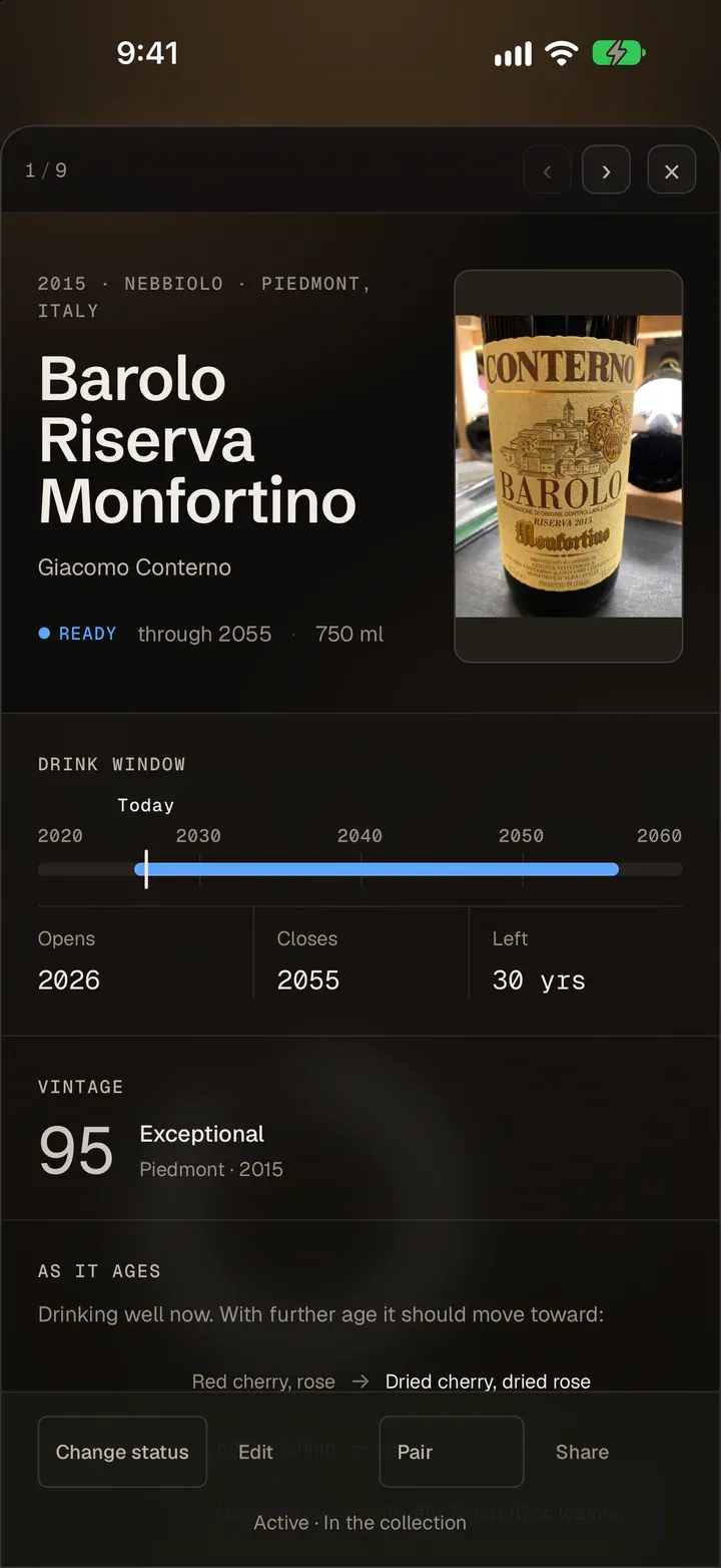 A wine’s page in House Pour, for a 2015 Barolo Riserva Monfortino from Giacomo Conterno: a photo of its label, the status Ready through 2055, its drink window drawn as a bar from 2026 to 2055 with today marked, and a vintage score of 95, Exceptional.