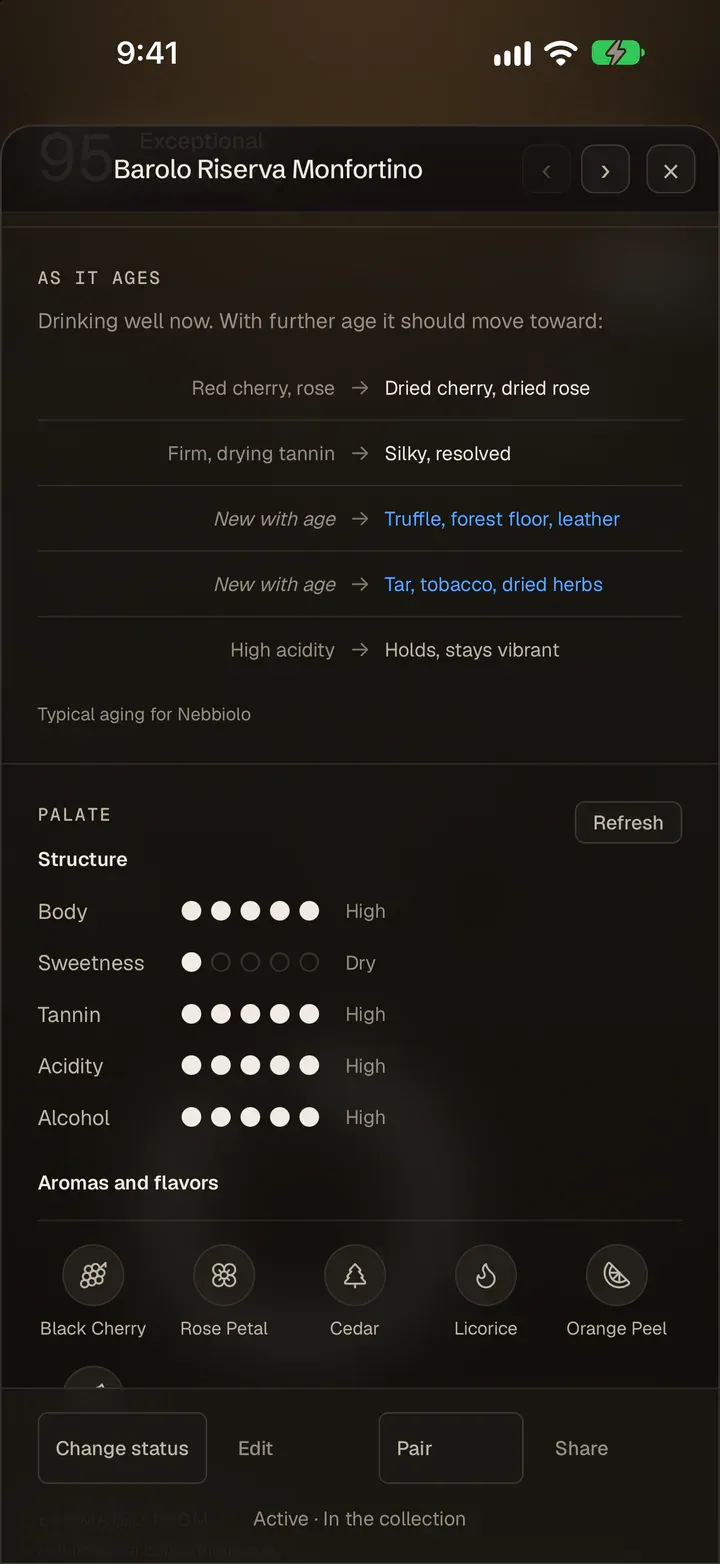 The flavor profile of the 2015 Barolo Riserva Monfortino. As it ages, red cherry and rose should move toward dried cherry and dried rose, and firm tannin toward silky, with truffle, forest floor and leather new with age. Its palate: body, tannin, acidity and alcohol High, sweetness Dry. Its aromas include black cherry, rose petal, cedar, licorice and orange peel.